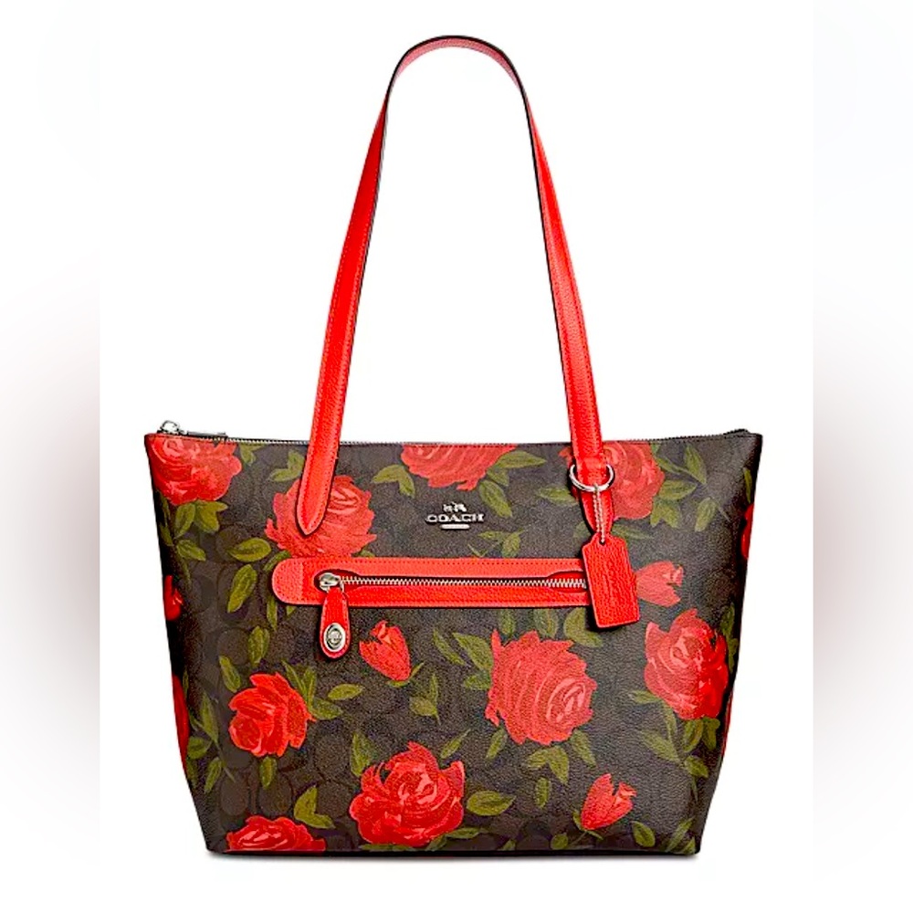 Coach Red and Brown Camo Rose Signature Taylor Floral Tote Shoulder Bag